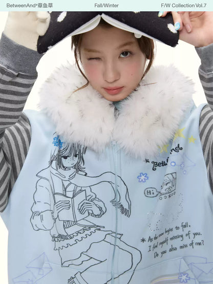 Sea-salt blue striped raglan fleece hoodie with faux fur collar