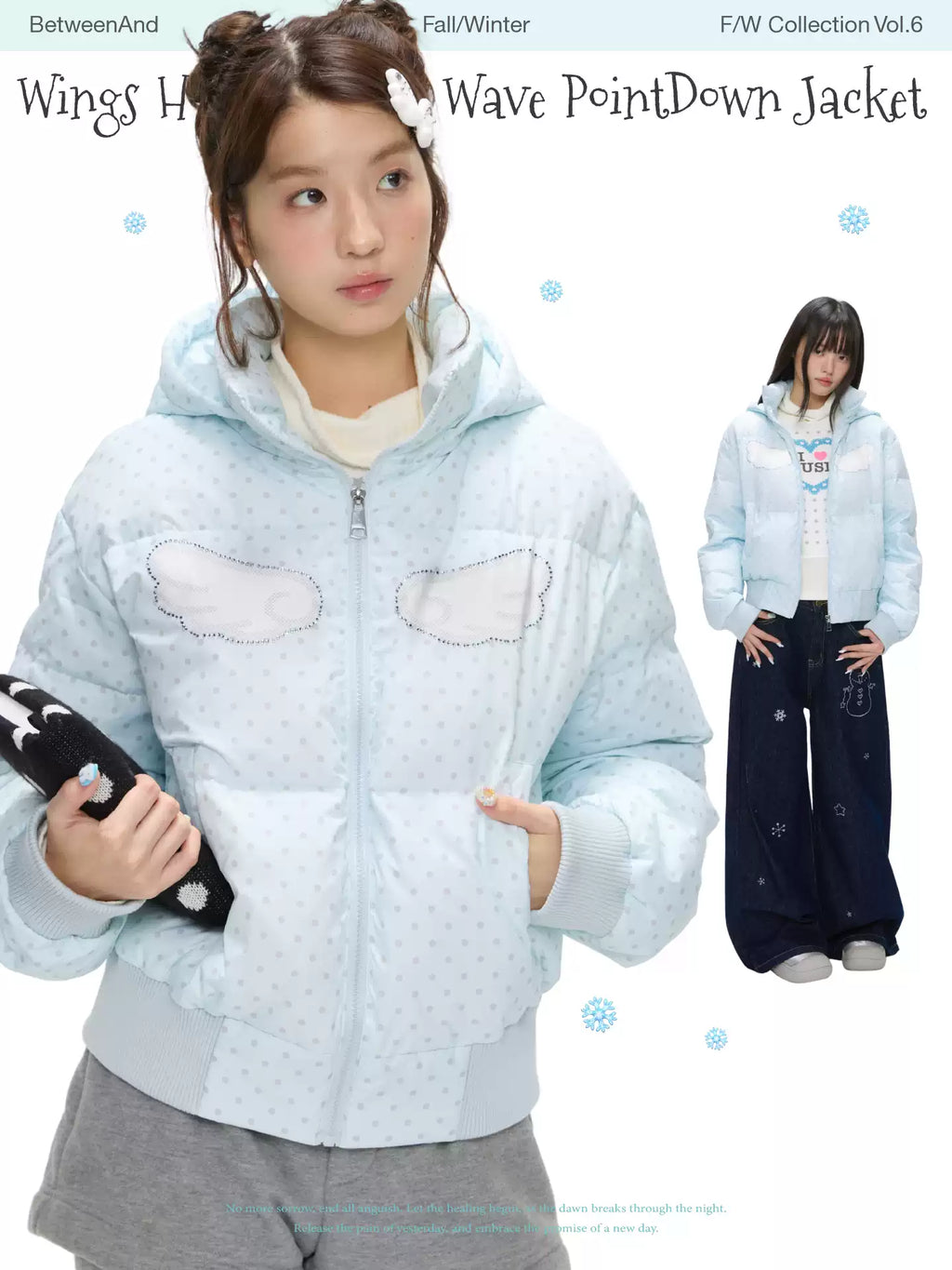 Baby blue polka dot down jacket with hood and warm duck filling with wings print