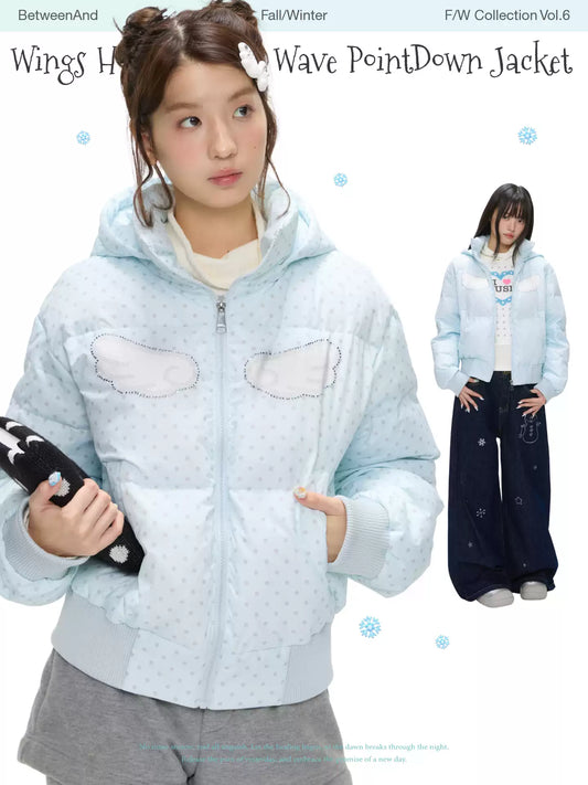 Baby blue polka dot down jacket with hood and warm duck filling