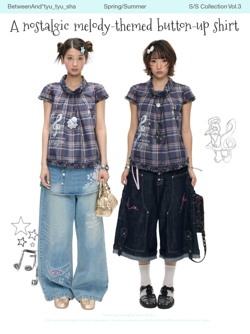 A nostalgic melody-themed button up checked top