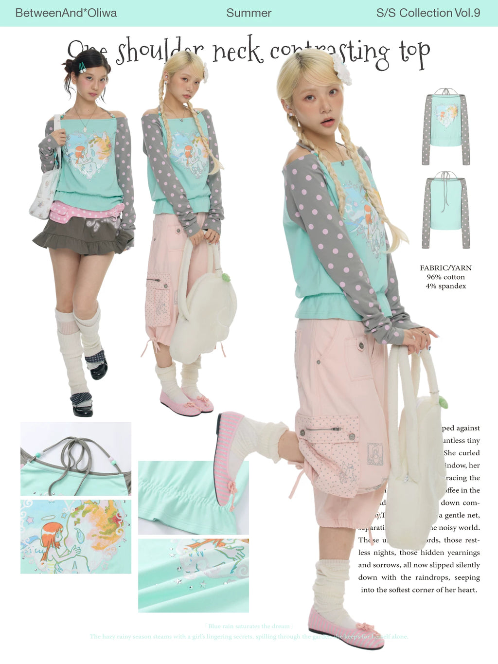 *Oliwa One shoulder neck contrasting mint green polka dot top