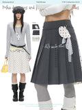 Grey and white two-face pleated skirt with polka-dot panels