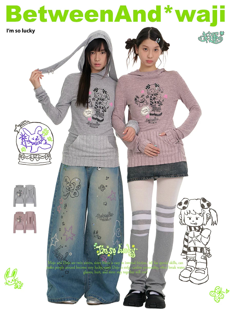 Bunny ears hat foam print long sleeve top