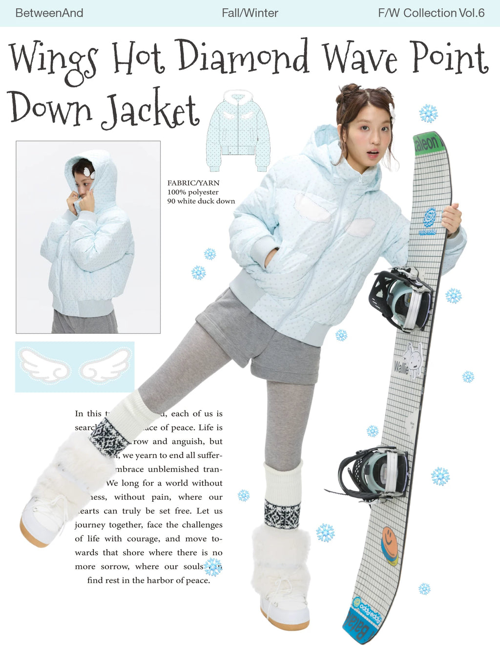 Polka dot down jacket with hood and warm duck filling with wings print