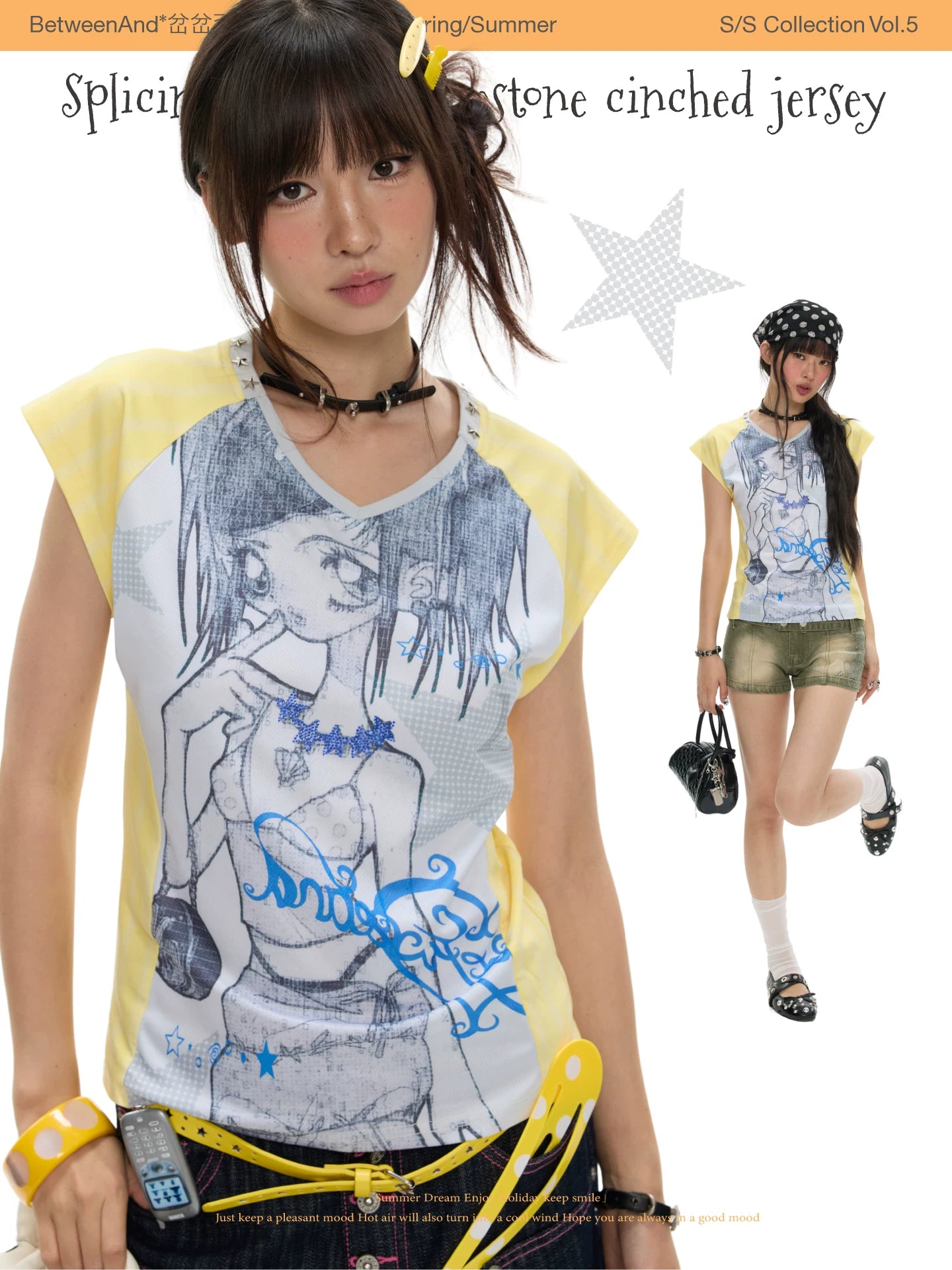Splicing v-neck rhinestone cinched jersey top