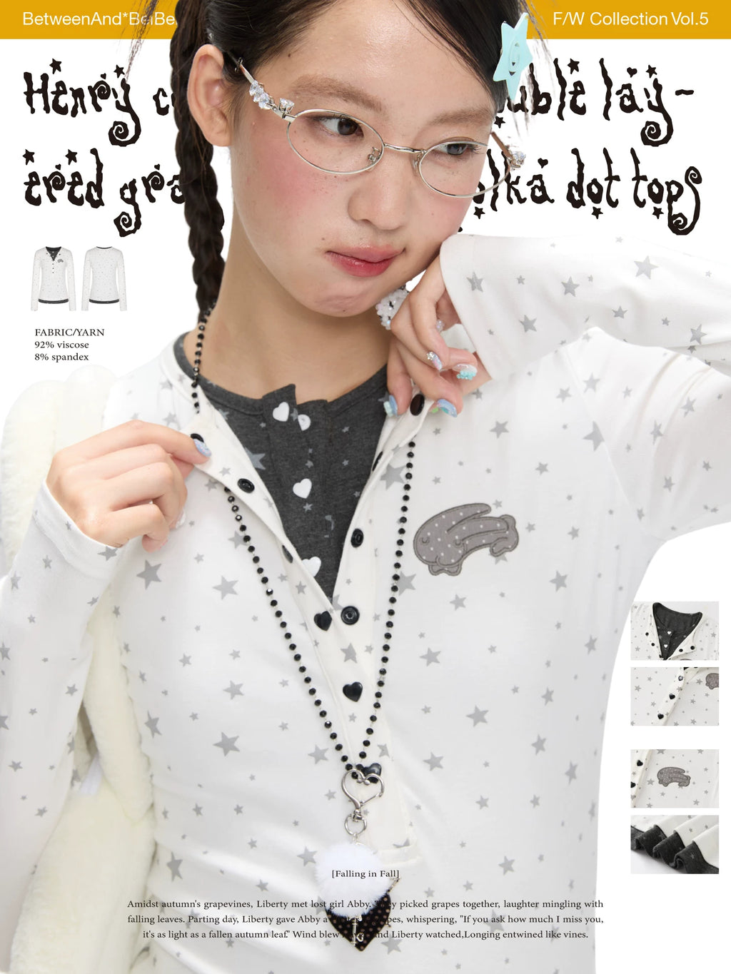 Henry collar fake two piece gray and white star polka dot top