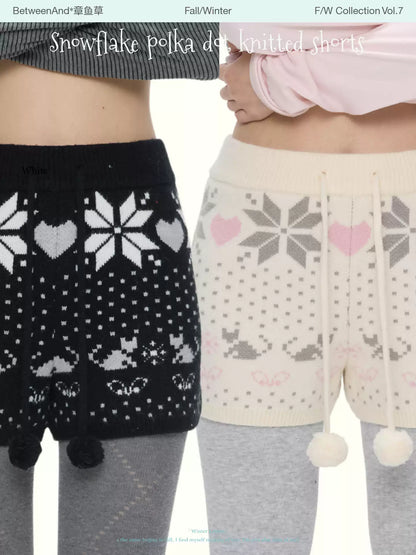 High-waist snowflake polka-dot knit shorts