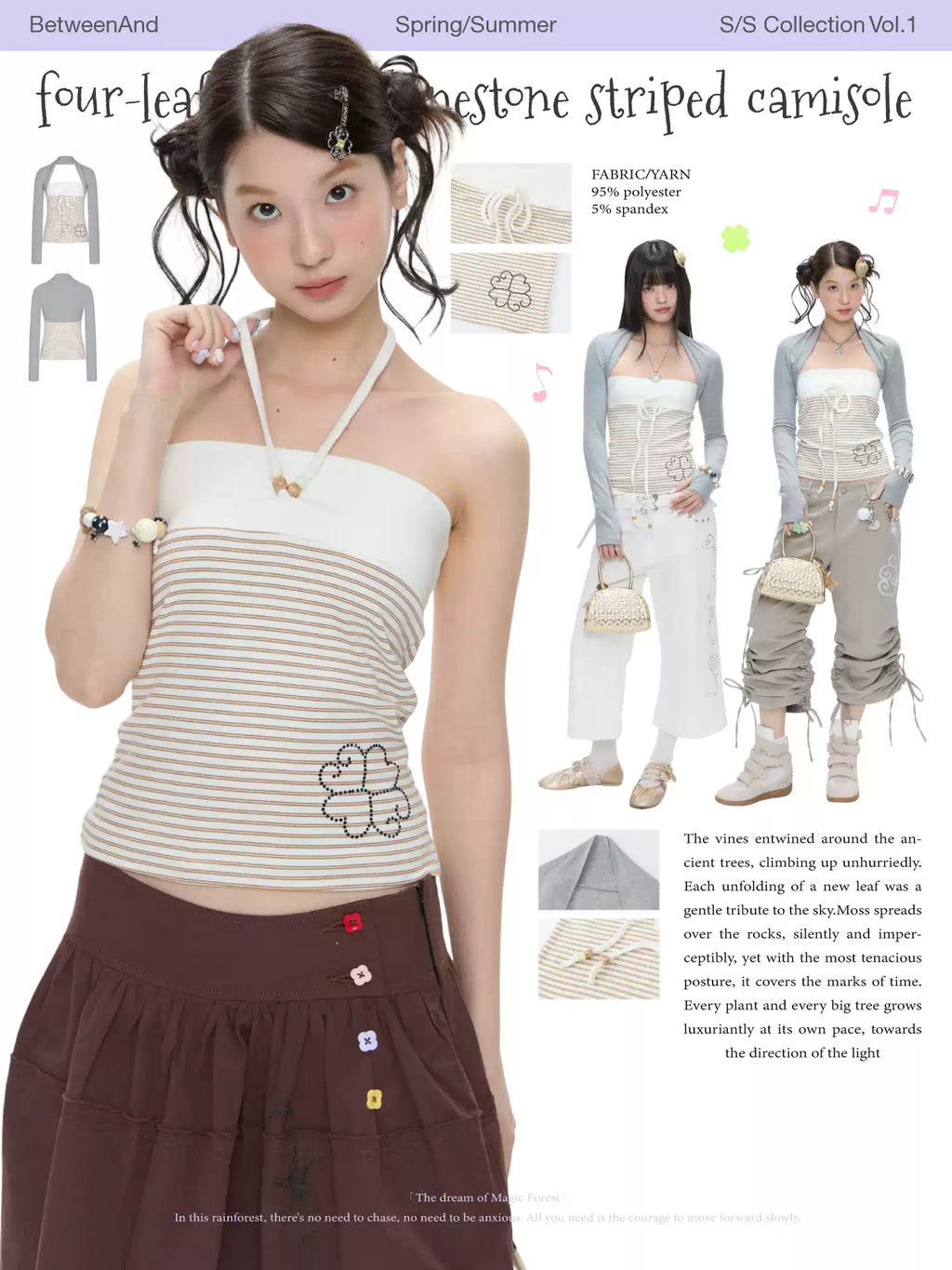 Four-leaf clover rhinestone striped camisole top