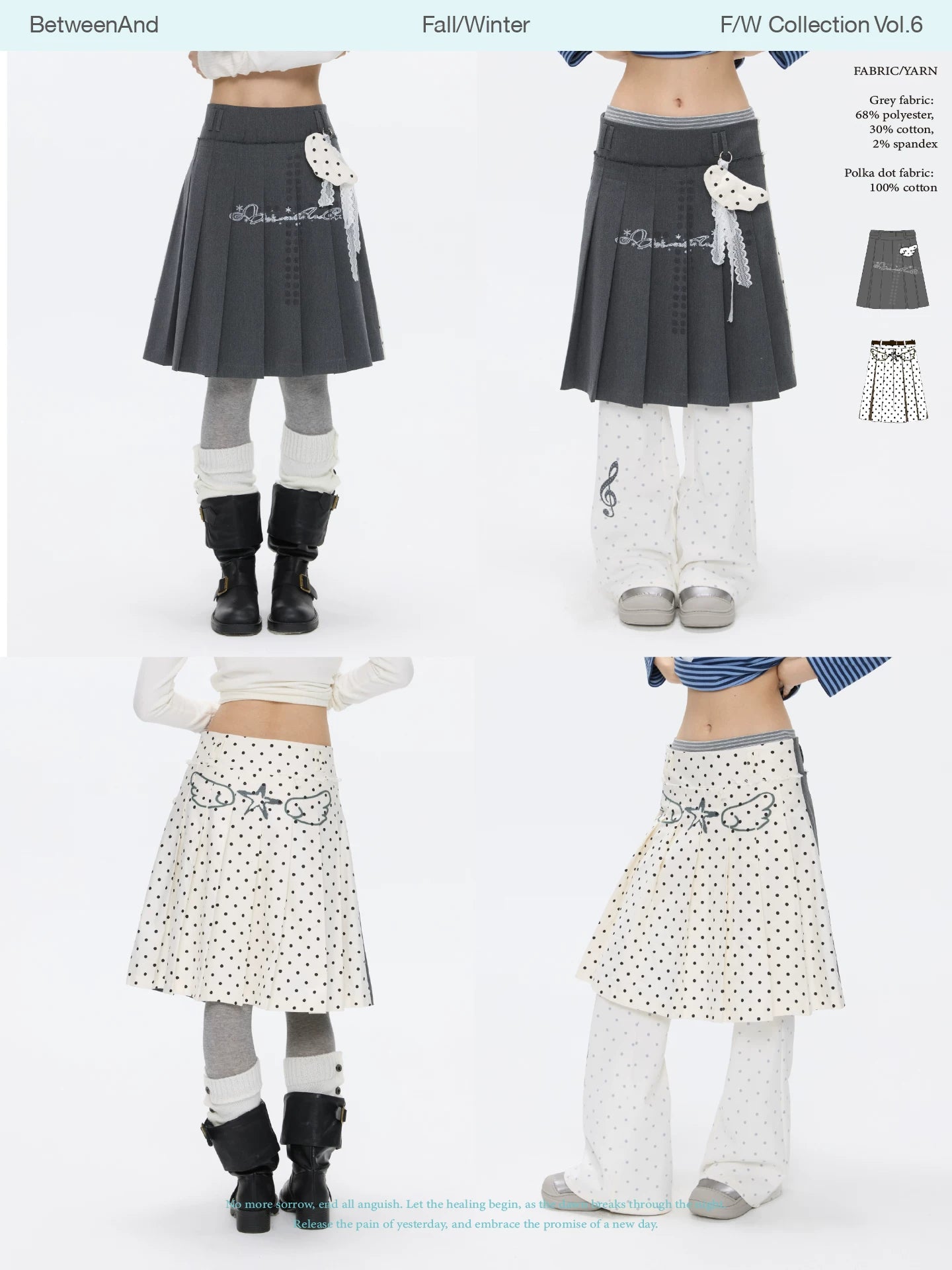 Grey and white two-face pleated skirt with polka-dot panels