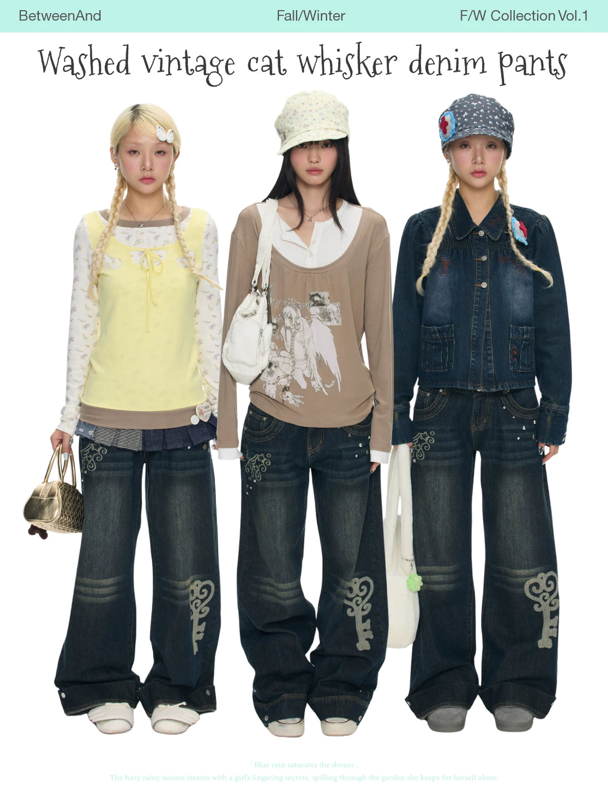 Washed vintage cat whisker denim pants