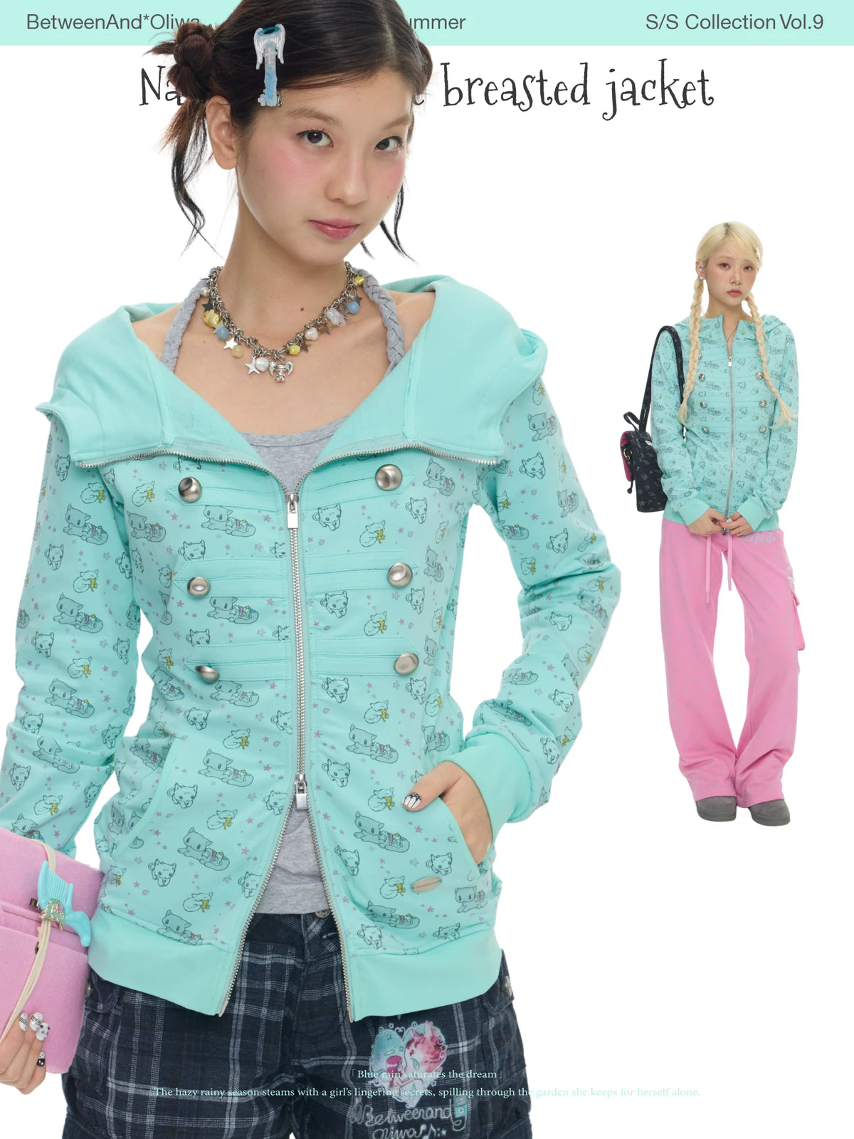*Oliwa Napoleon double breasted cat print mint green jacket