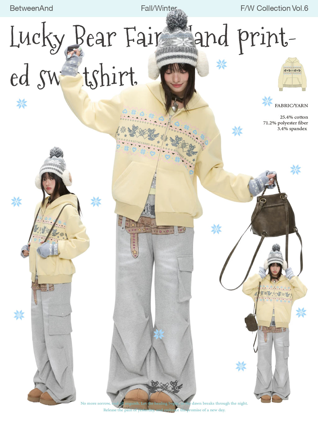 Lucky bear fair island printed sweatshirt hoodie with fleece lining