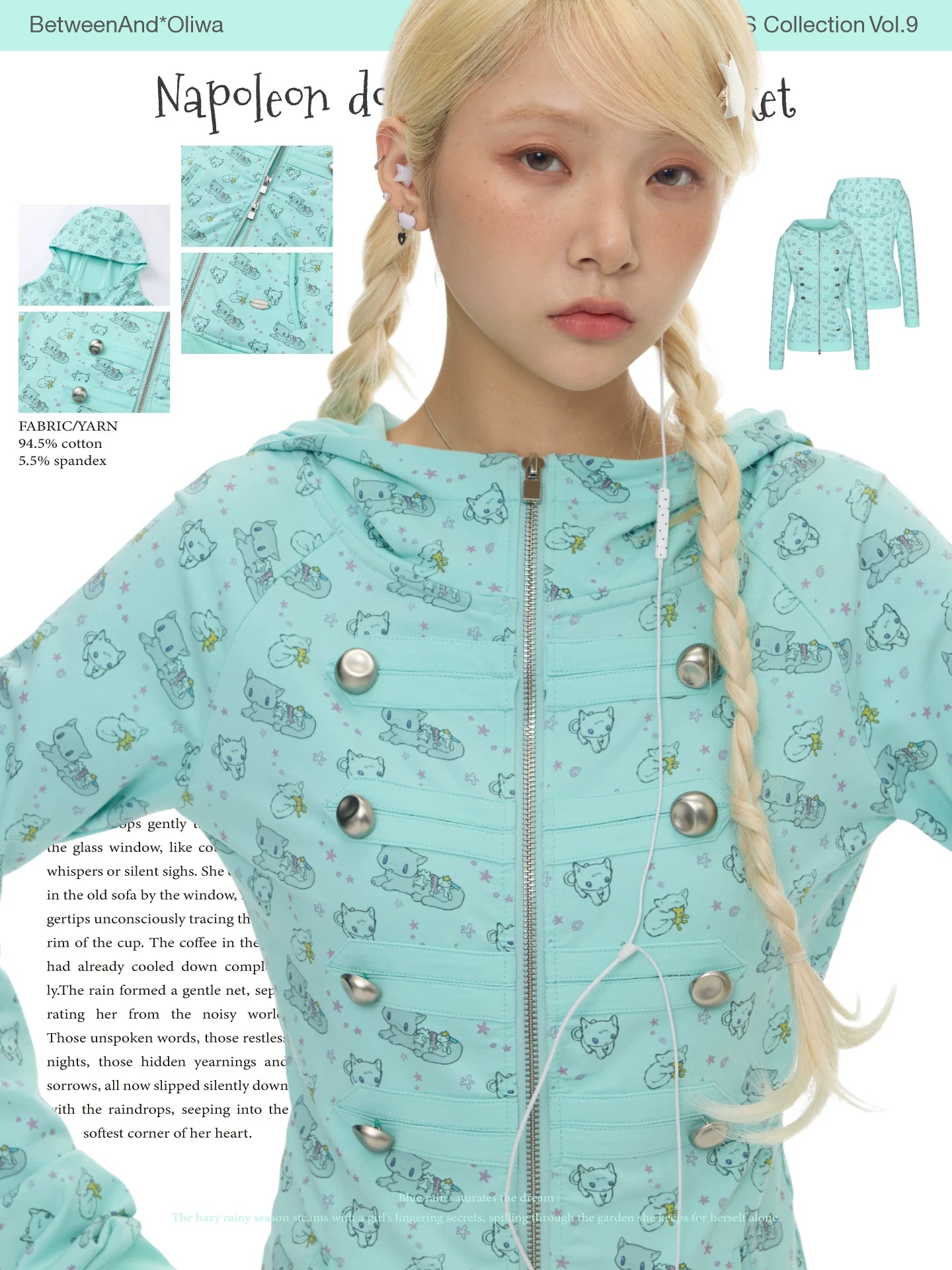 *Oliwa Napoleon double breasted cat print mint green jacket