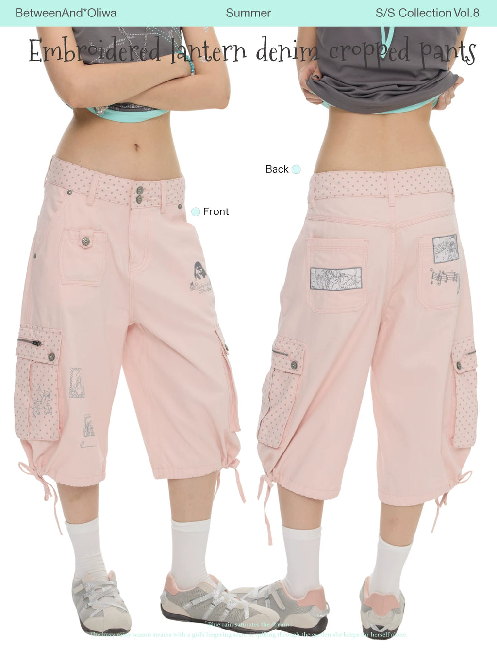 Embroidered lantern denim cropped pants