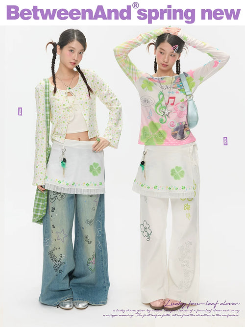 네잎클로버 무늬 커튼 스커트