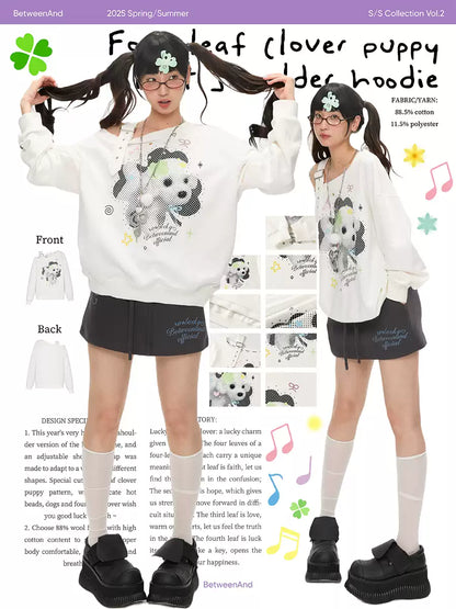 White clover dog off shoulder sweatshirt with adjustable strap design