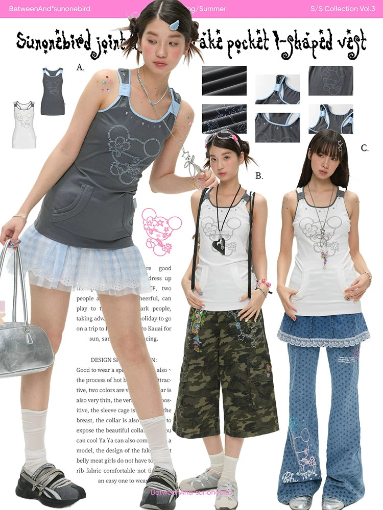 Summer joint beaded fake pocket vest