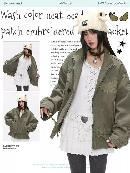 Pickle green rhinestone quilted jacket with slim waist design