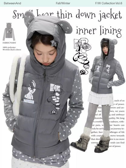 Gray polka-dot lightweight down jacket with bear-ear hood