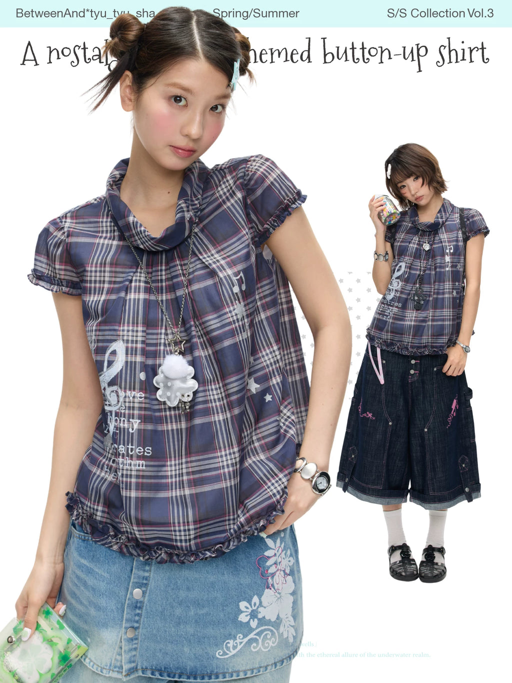 A nostalgic melody-themed button up checked top