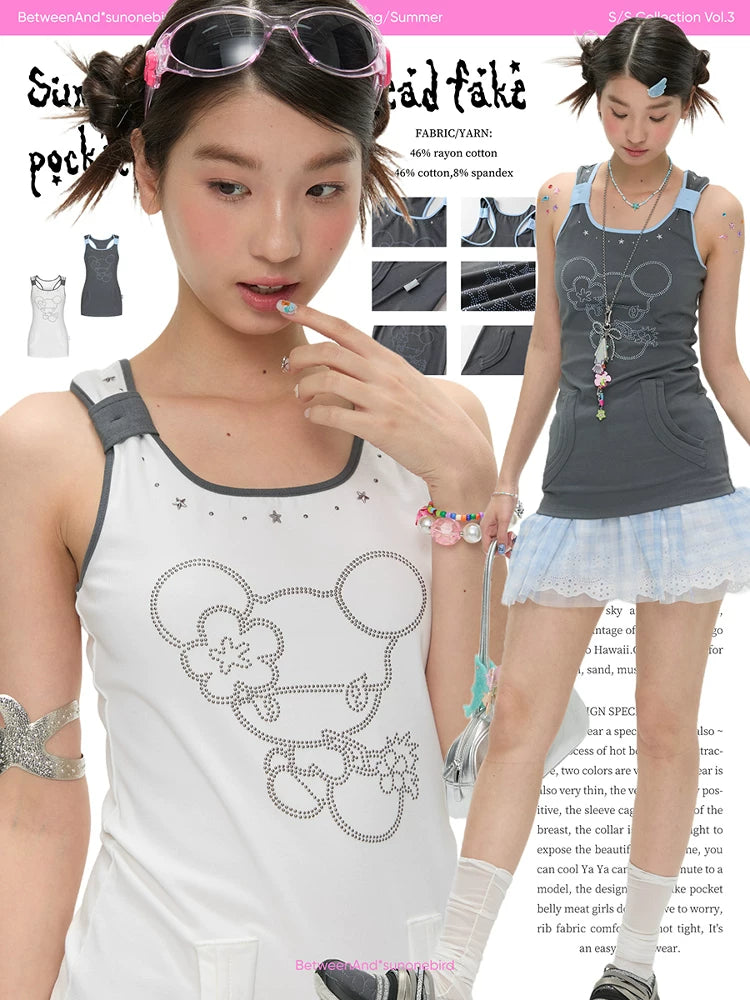 Summer joint beaded fake pocket vest