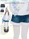 Washed and furry high-waisted fleece lined polka dot or plain denim shorts