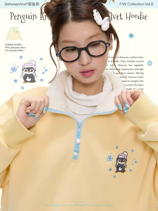 Soft yellow penguin embroidered fleece sweatshirt