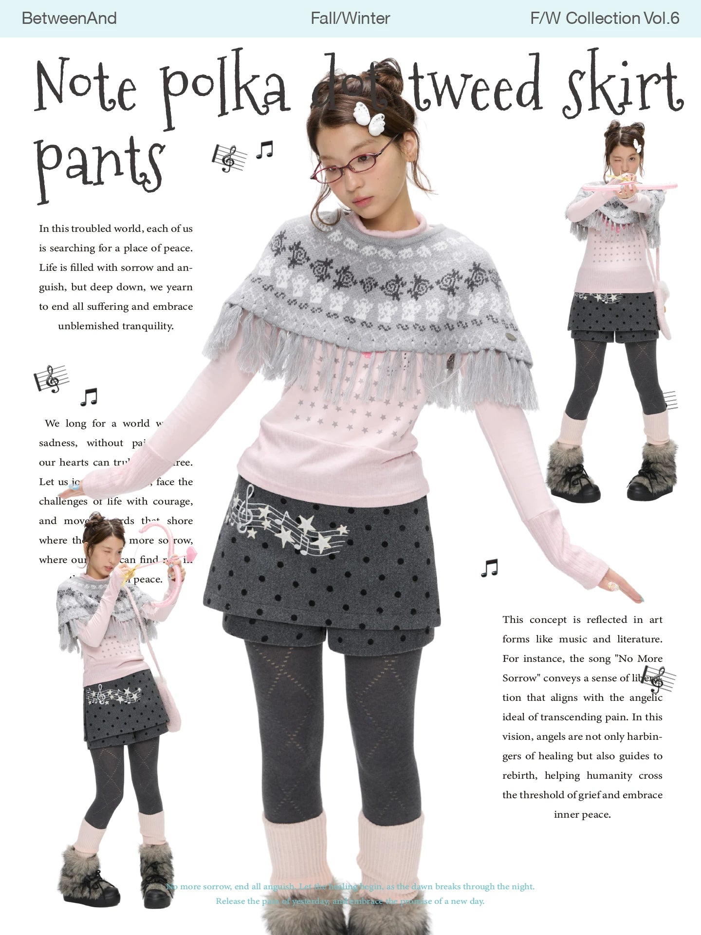 Grey wool skort skirt with music note polka dot design