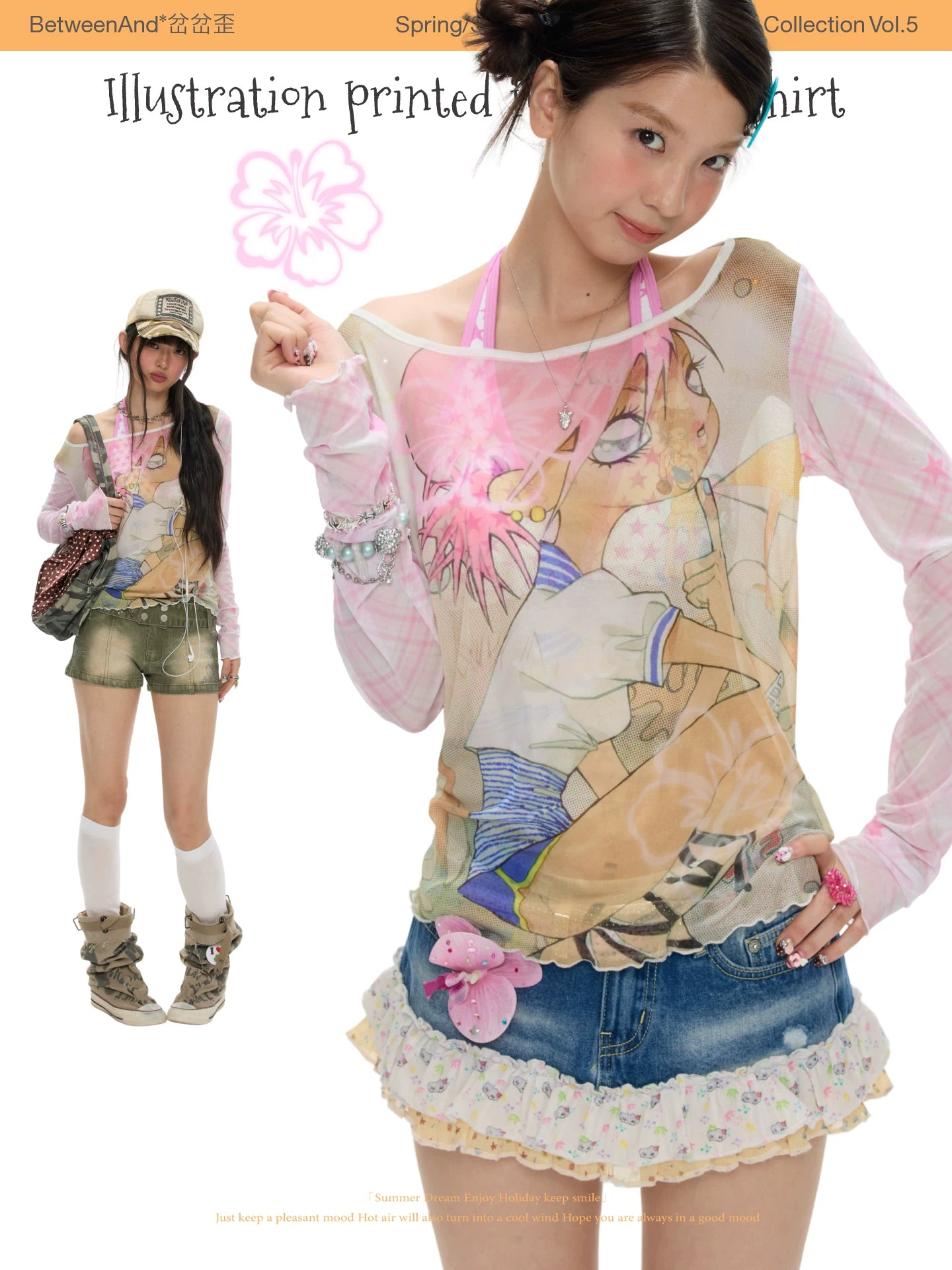 Illustration printed mesh cover sheer shirt top