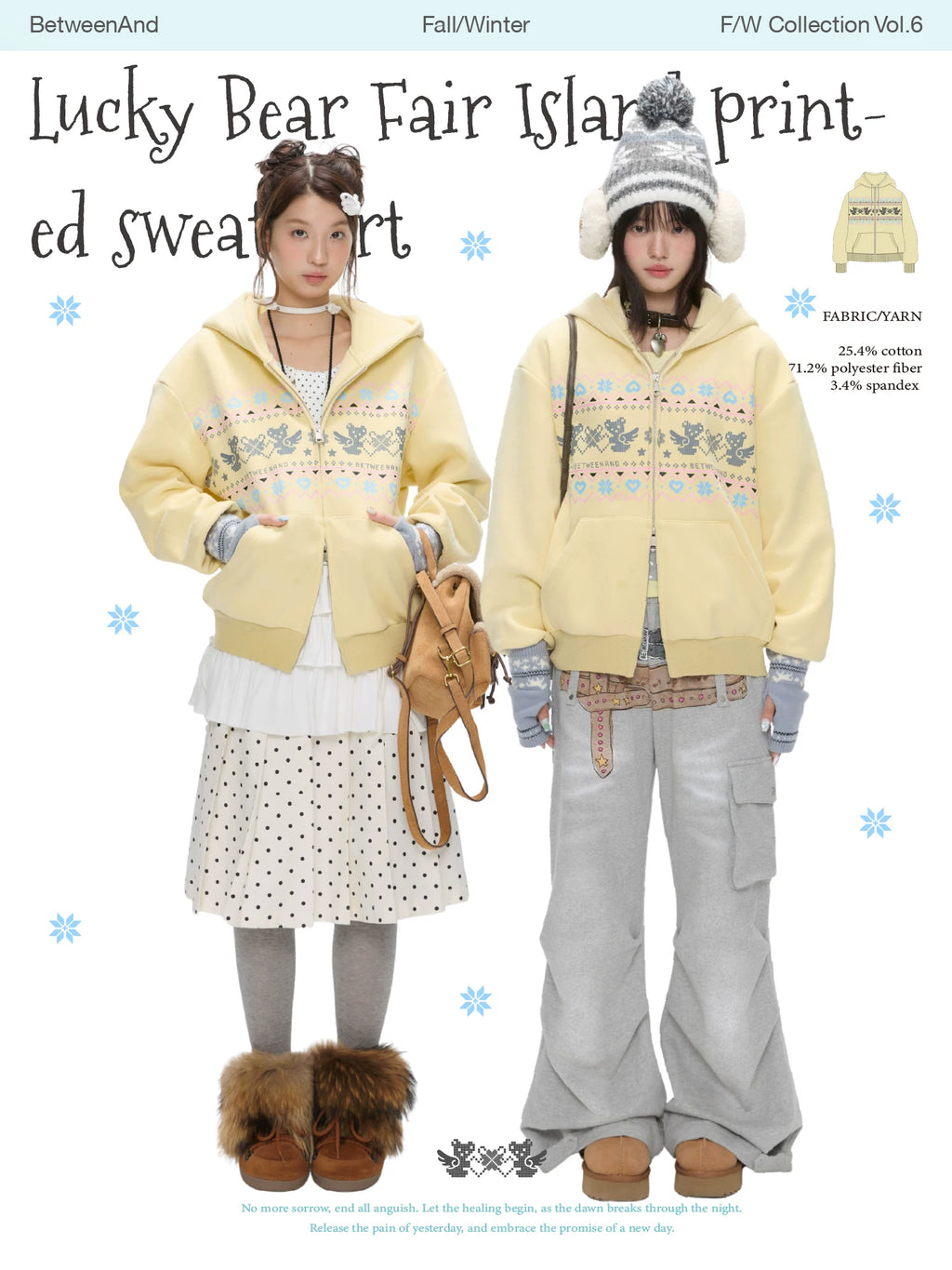 Lucky bear fair island printed sweatshirt hoodie with fleece lining