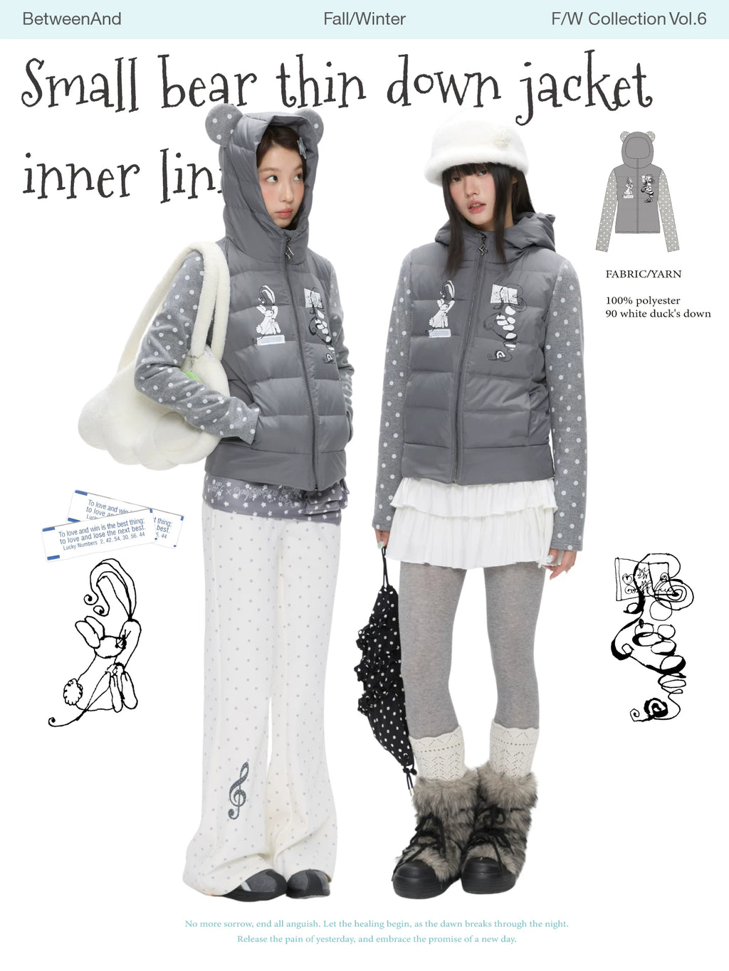 Gray polka-dot lightweight down jacket with bear ear hood