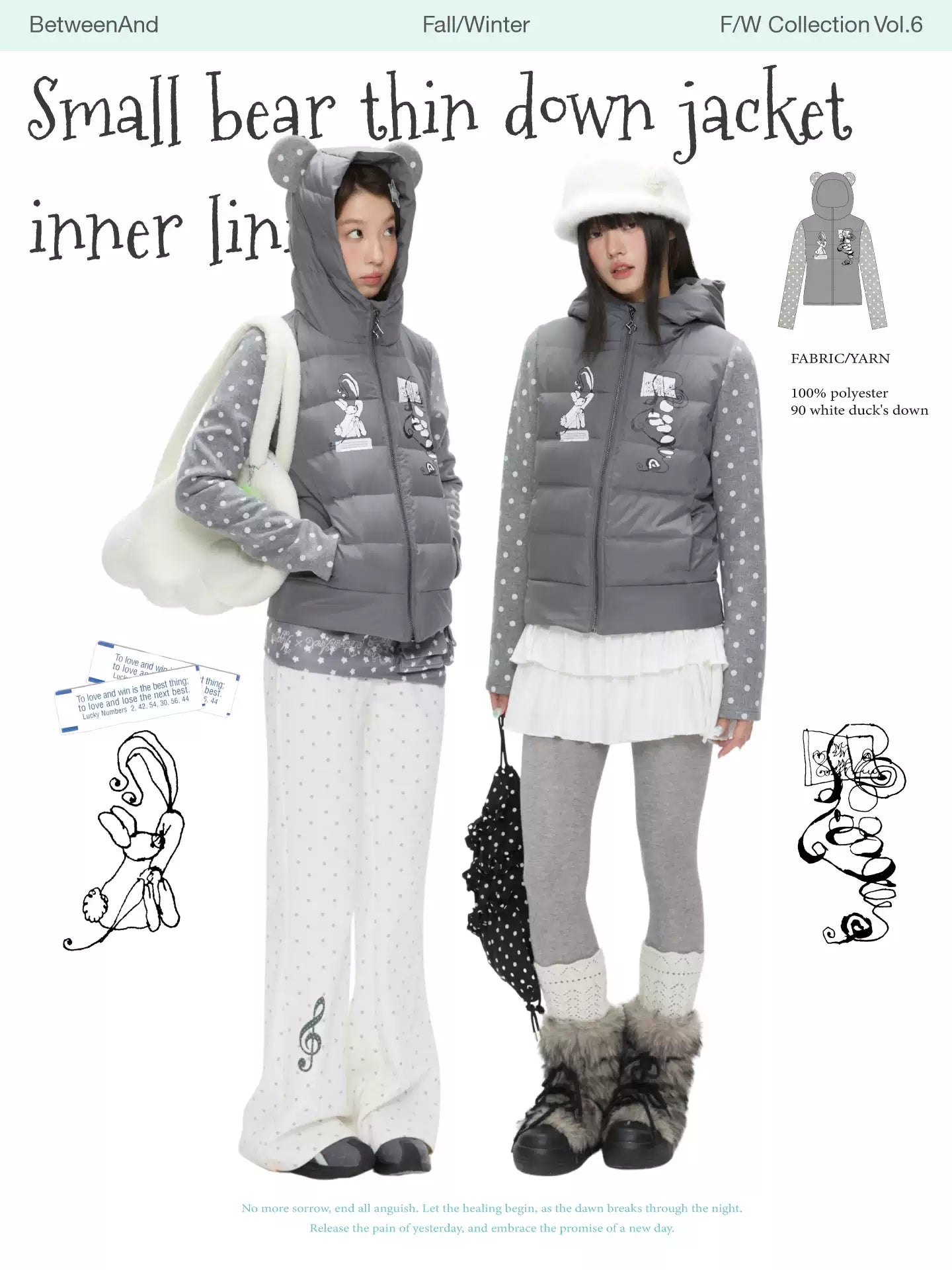 Gray polka-dot lightweight down jacket with bear-ear hood