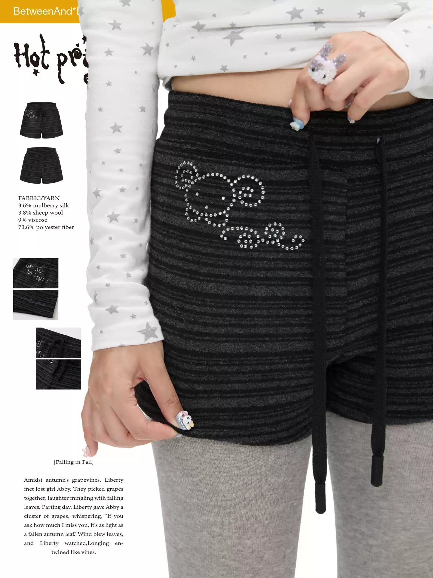 Vintage dark-grey striped rhinestone stretch shorts