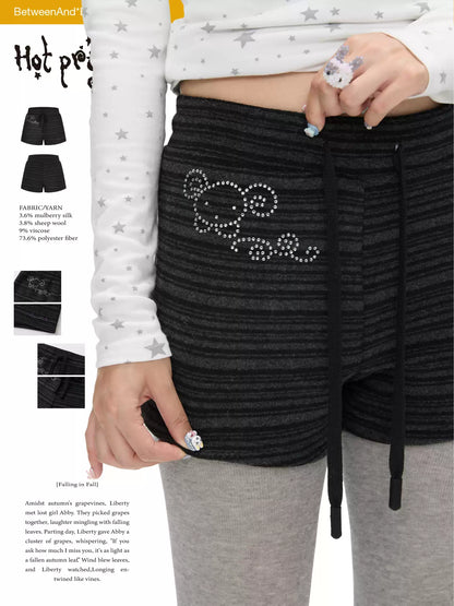 Vintage dark-grey striped rhinestone stretch shorts