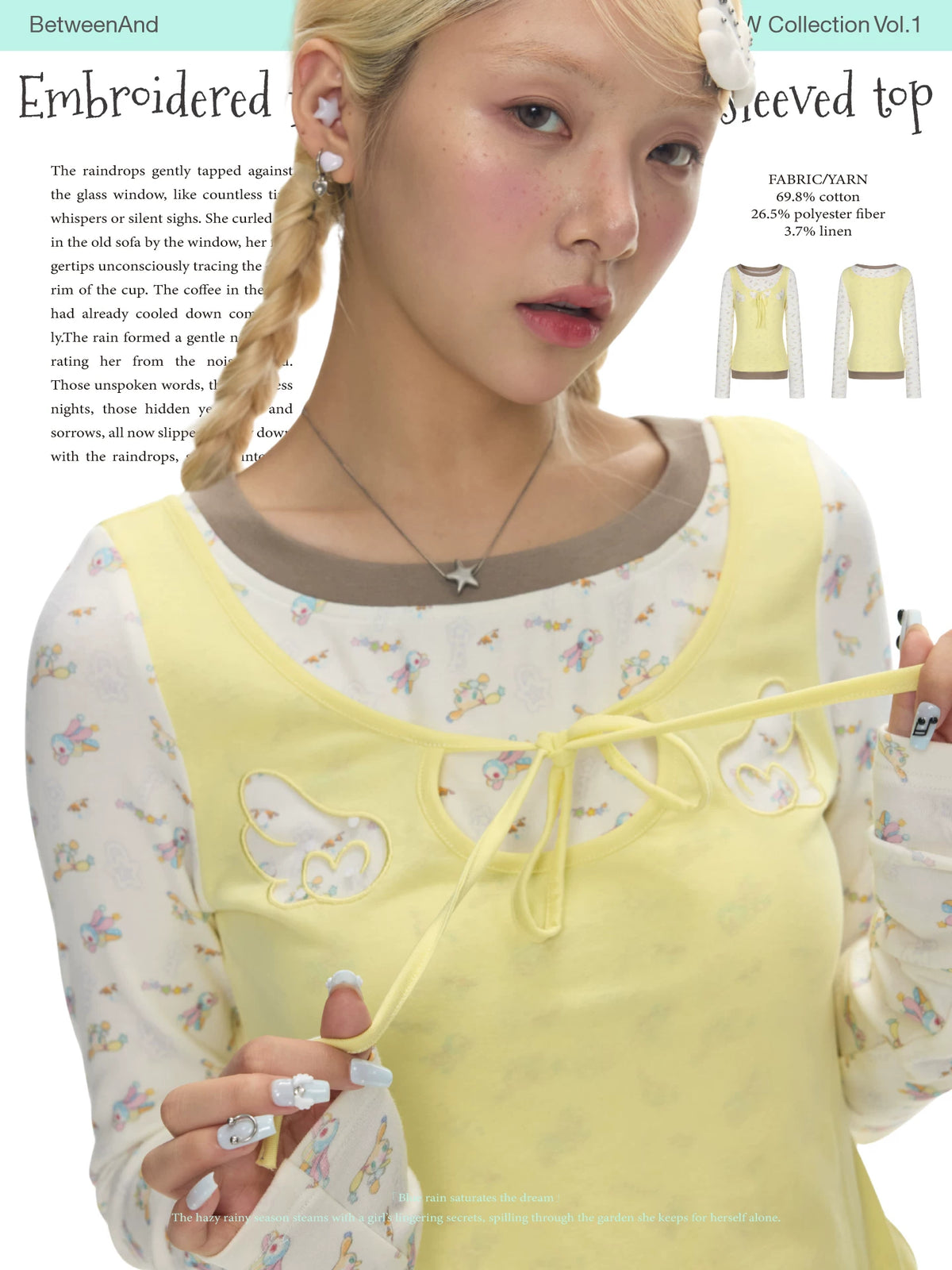 Embroidered fake three piece long sleeved top