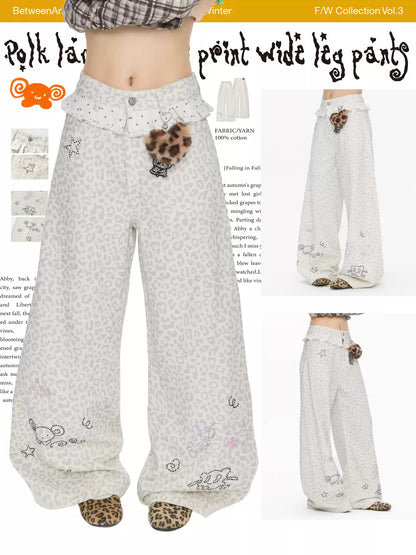 White leopard print wide leg pants with rhinestone details