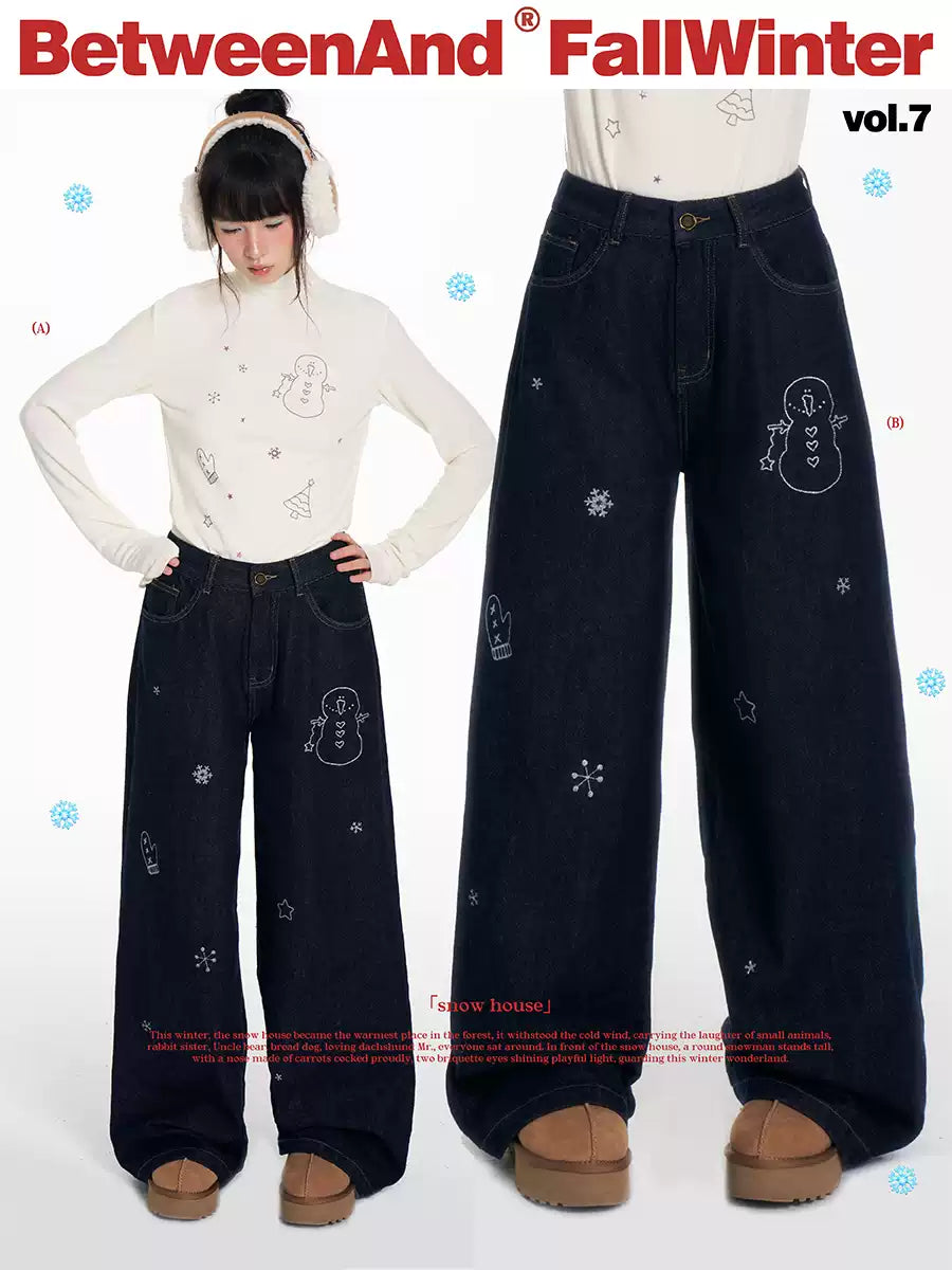 Vintage wide-leg jeans with little snowman print