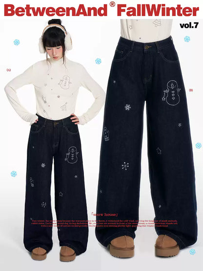 Vintage wide-leg jeans with little snowman print