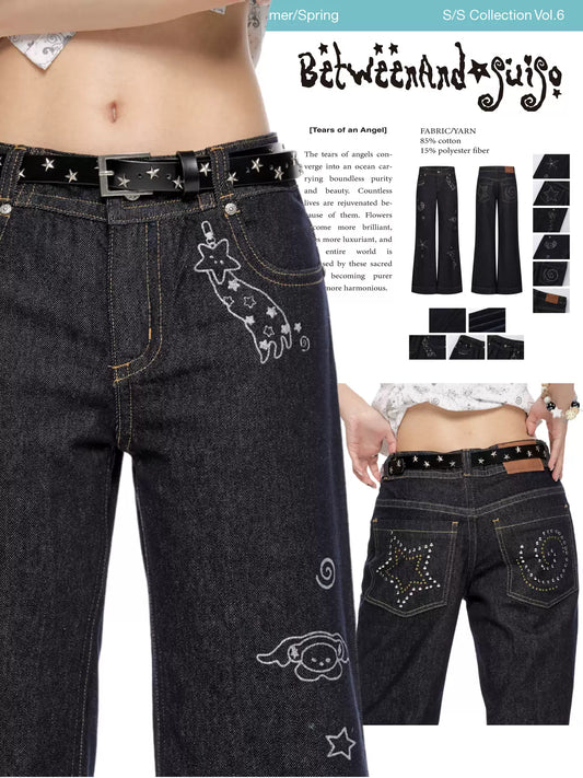 Denim low waist straight jeans with glitter finish