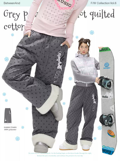 Grey pink quilted winter pants with fleece lining