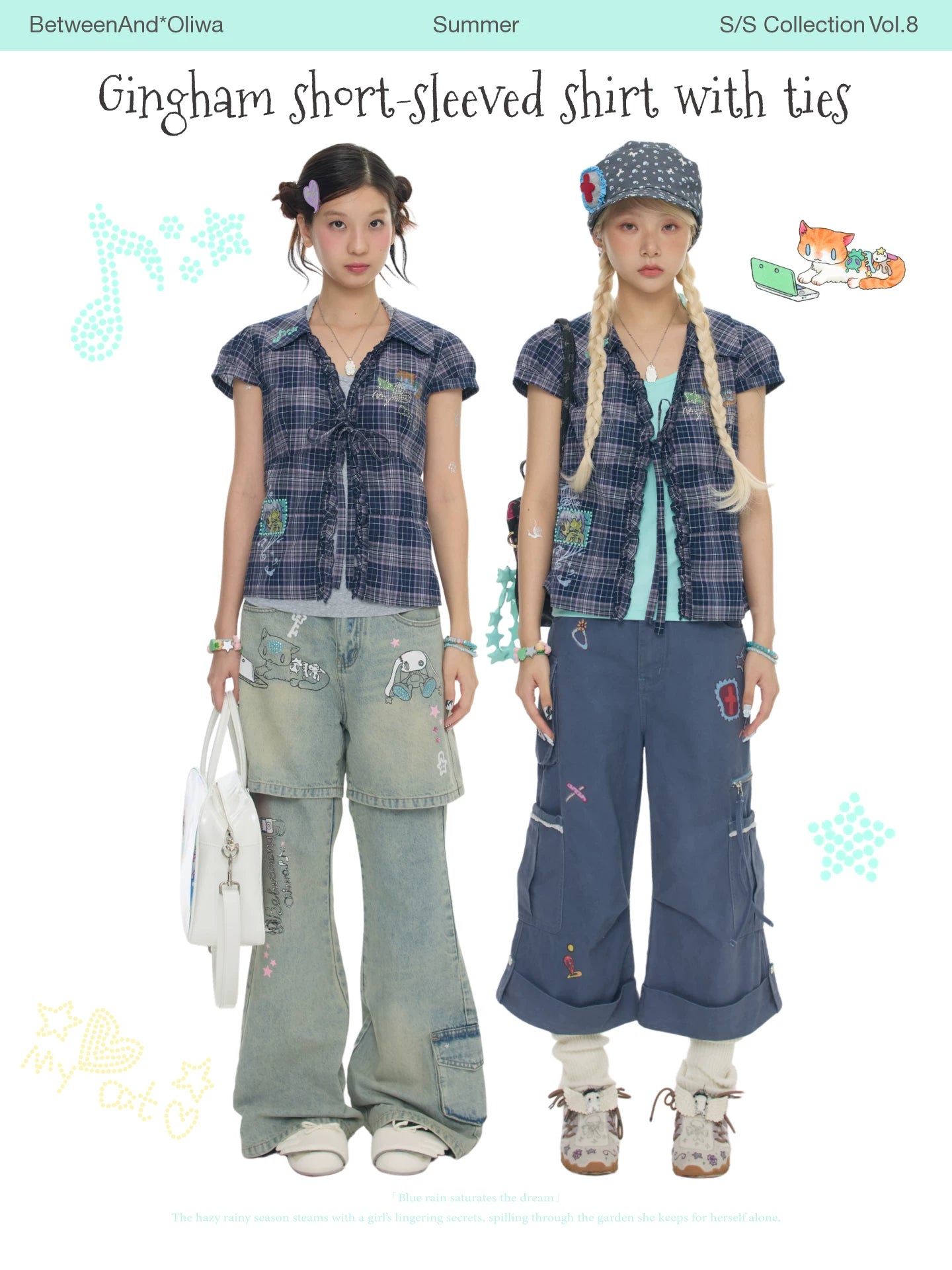 Gingham short-sleeved shirt top with ties