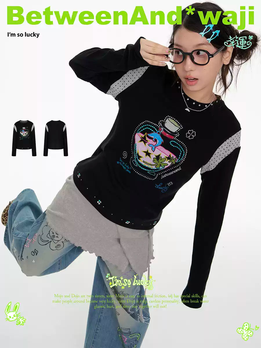 Black dolphin “lucky bottle” rhinestone patchwork long-sleeve tee