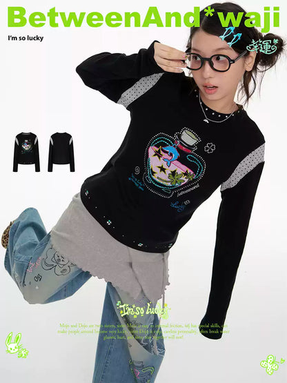 Black dolphin “lucky bottle” rhinestone patchwork long-sleeve tee
