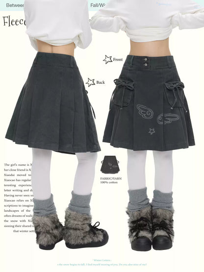 Fleece pleated washed denim skirt