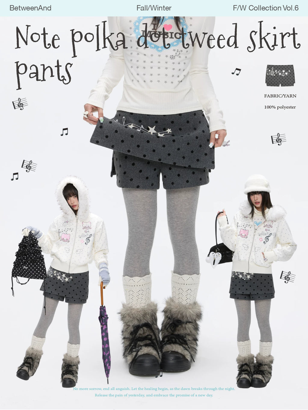 Grey wool skort skirt with music note polka dot design