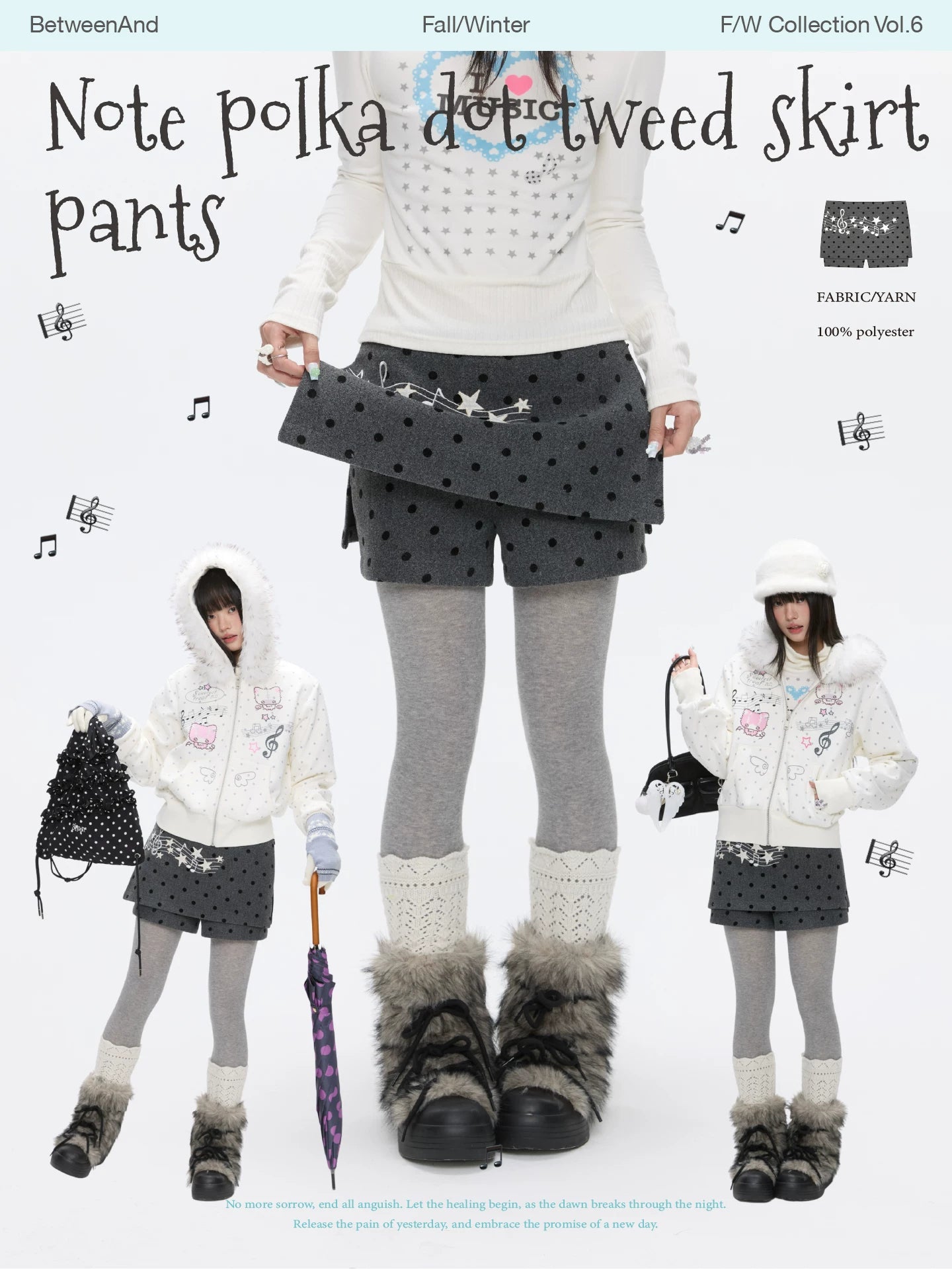 Grey wool skort skirt with music note polka dot design