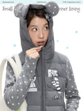 Gray polka-dot lightweight down jacket with bear ear hood