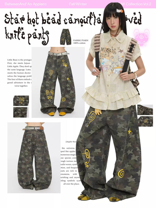 Camouflage star rhinestone cargo pants with loose fit design