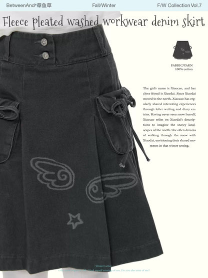 Fleece pleated washed denim skirt