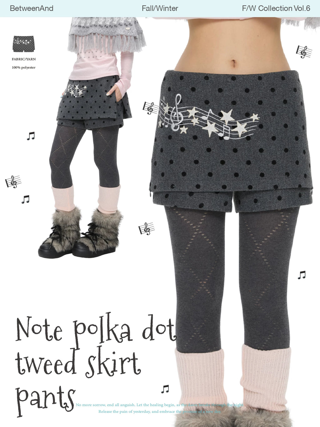 Grey wool skort skirt with music note polka dot design